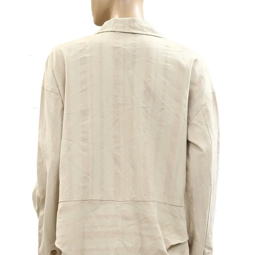 Free People Striped Buttondown Shirt Tunic Top Shacket Oversized Beige M 284155